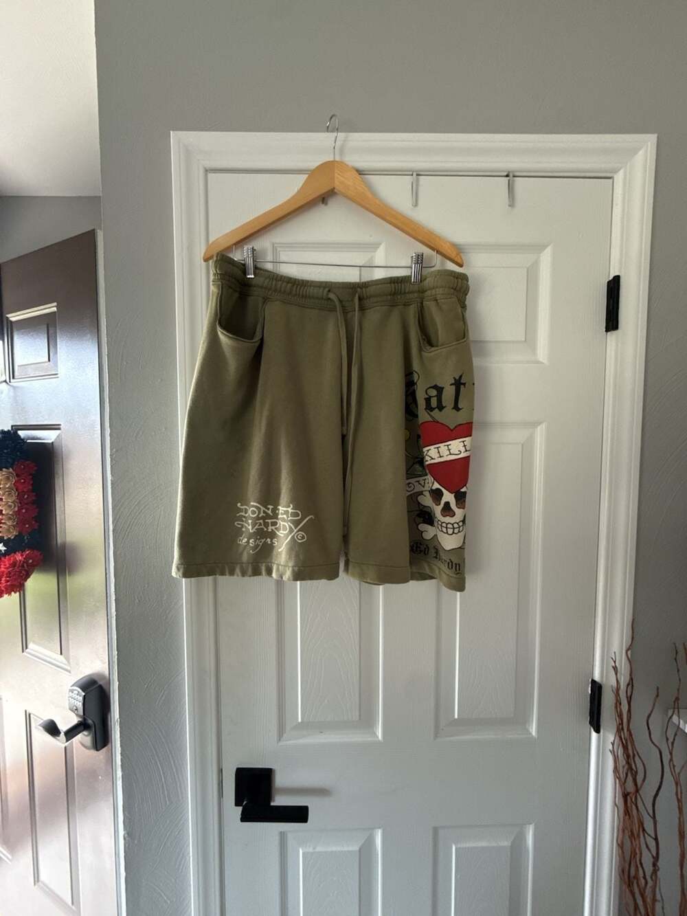 Ed Hardy Love Kills Slowly Skull Fleece Sweatshorts Green XL